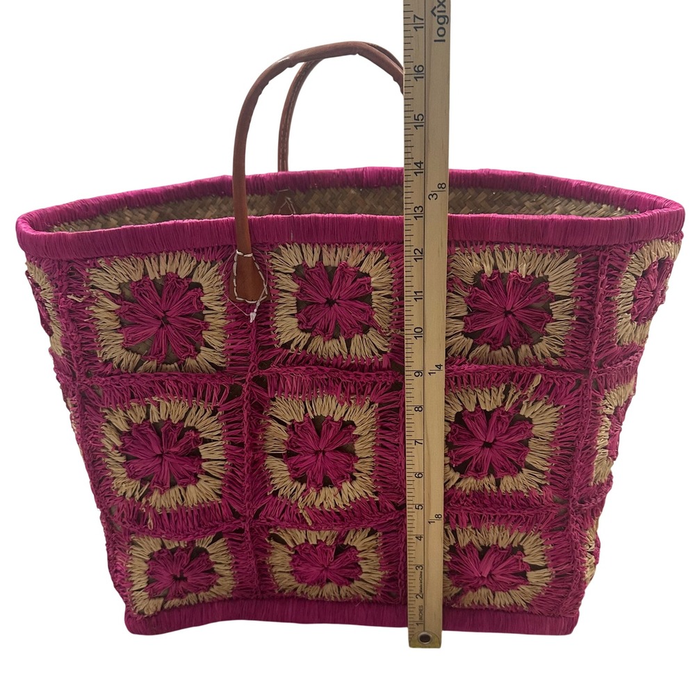 Le Comptoir de la Plage Pink Raffia Floral Crochet Leather Handle Tote Bag L - Picture 8 of 10